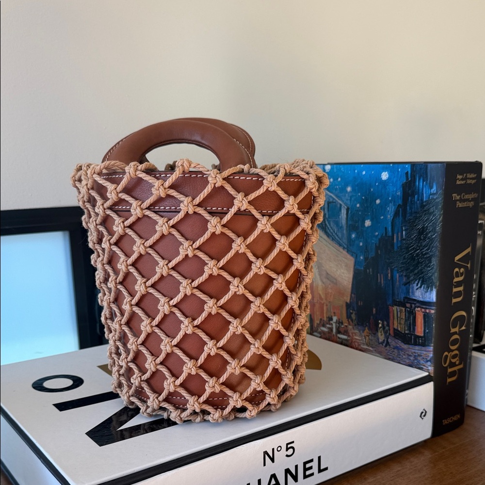 STAUD Brown Leather Bucket Tote with Knotted Beige Macramé